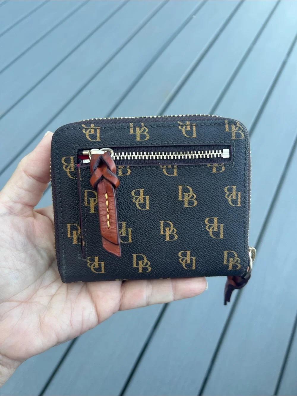 Dooney & Bourke Greta Small Black and Brown Signature Zip Card Wallet